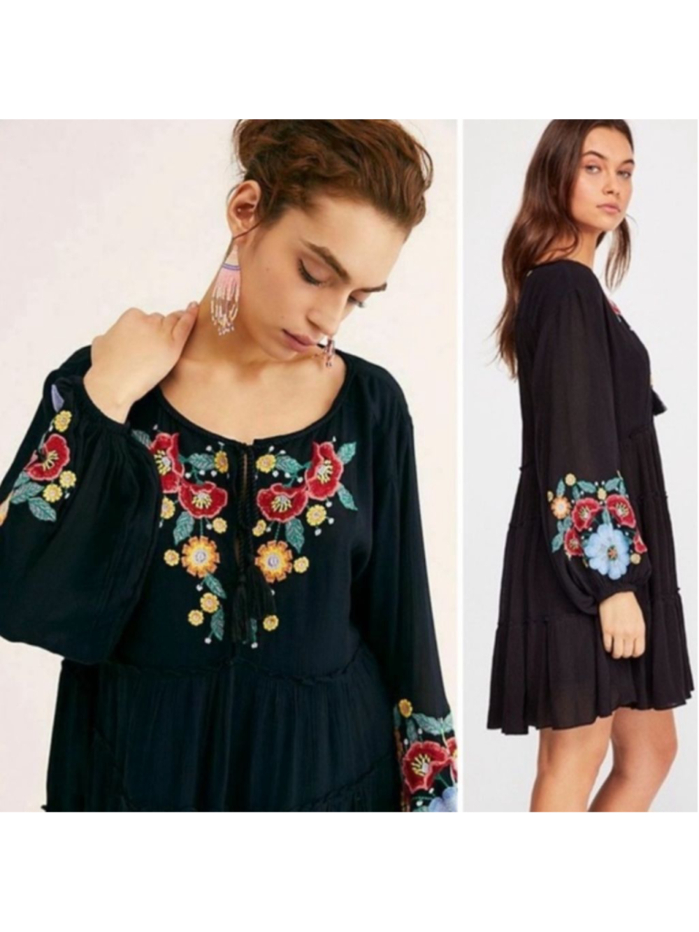 FREE PEOPLE Spell‎ On You Black Embroidered Long Sleeve Shift Mini Dress S - Picture 3 of 8
